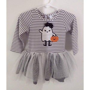 Counting Daisies Halloween Dress 18 mo Girly Ghost with Bow in Hair hold Pumpkin